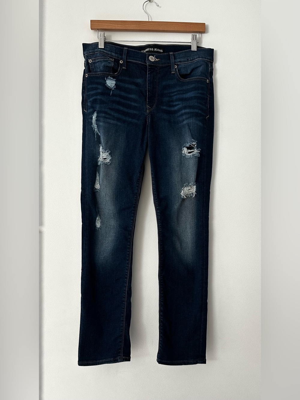 Express Cropped Distressed Skinny Mid Rise Jeans Size 10 Dark Wash EUC